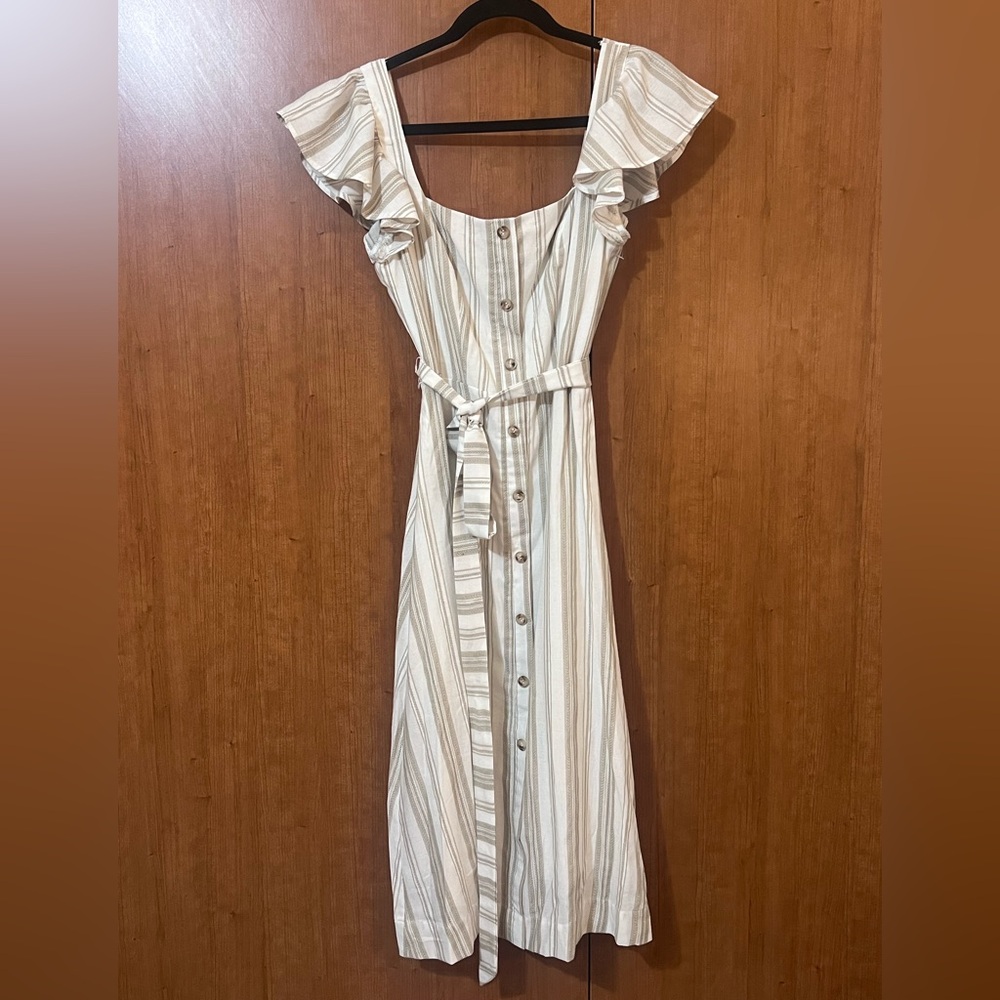 Lulu's Midi Dress, Mediterranean Moves White Tan Striped Linen Blend Size S